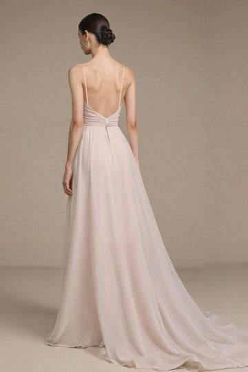 Simple Rose Clair Longue Robe De Bal Bretelles Spaghetti Une Robe Formelle Trapèze
